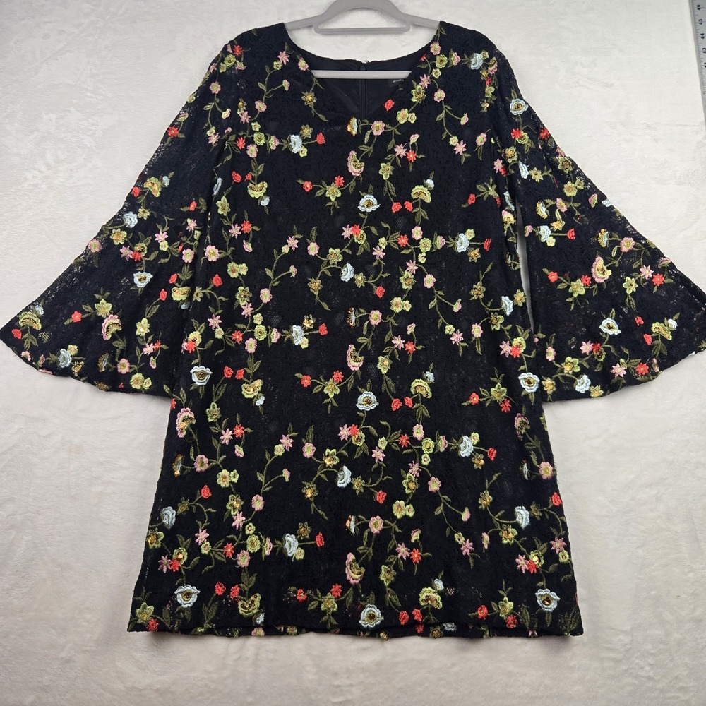 Tahari Arthur S Levine Womens Black Floral Dress‎ Size 14 Bell Sleeves Sequin